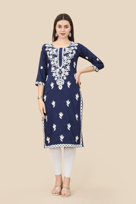 Sofisty Women Embroidered Straight Kurta(Dark Blue, White)