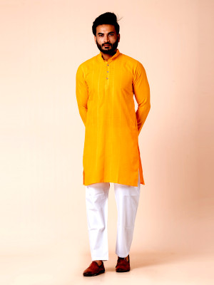 Rainbow Cloths Men Self Design Straight Kurta(Yellow)