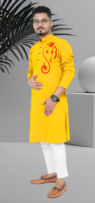 Mamta fab Men Printed Straight Kurta(Yellow)