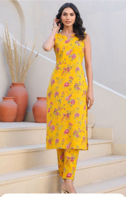 Om Sai Creation Women Printed Straight Kurta(Yellow)