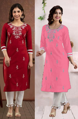HouseOfCommon Women Chikan Embroidery Straight Kurta(Pink, Maroon)