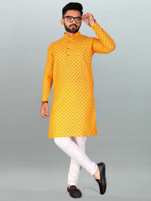 FRELURO Men Printed, Self Design Straight Kurta(Yellow)