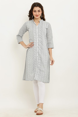 MENSIMPRESSION Women Chikan Embroidery, Embellished Straight Kurta(Grey)