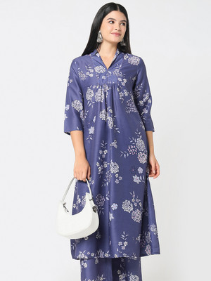 R&B Women Printed A-line Kurta(Purple)