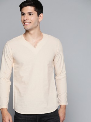 HERE&NOW Solid Men V Neck Pink T-Shirt