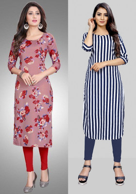 maruti fab Women Striped, Printed Straight Kurta(Blue, Pink)