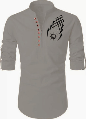DIMMY Men Printed Straight Kurta(Grey)