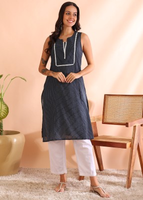 Yash Gallery Women Striped Straight Kurta(Blue)