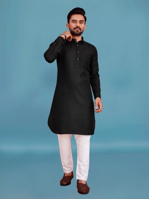 allan peter Men Solid Pathani Kurta(Black)