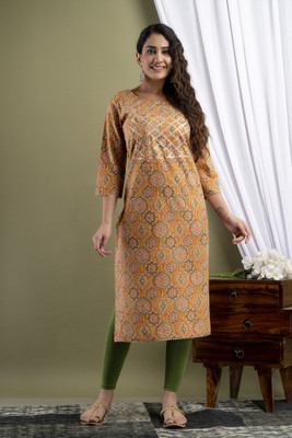 RopaDeModa Women Printed Straight Kurta(Yellow)