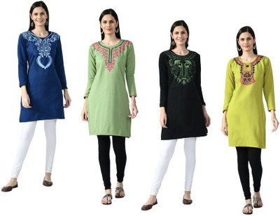 Indeweaves Women Self Design Straight Kurta(Light Blue, Green, Light Green)