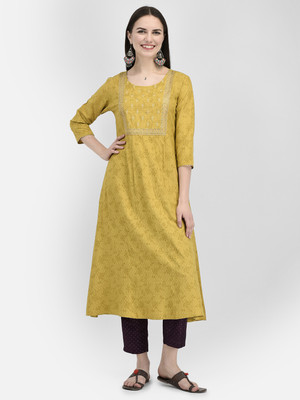 Span Women Self Design A-line Kurta(Yellow)