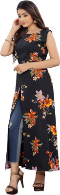 Hiral Creation Women Floral Print Frontslit Kurta(Black)