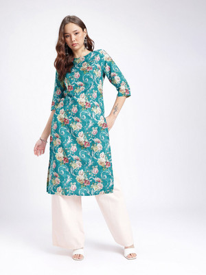 Anouk Rustic Women Floral Print Straight Kurta(Blue)