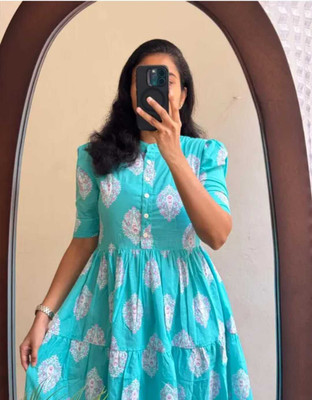 Fabista Women Printed Anarkali Kurta(Light Blue)