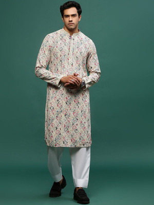 Sangria Men Geometric Print Straight Kurta(Red)