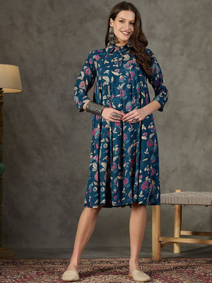 Demirner Women Printed Flared Kurta(Blue)