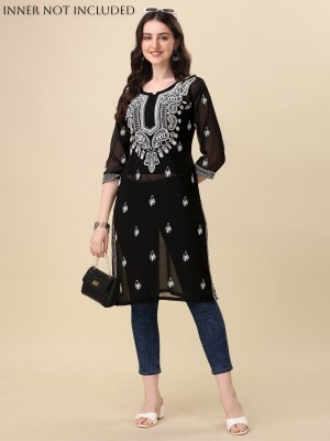 ONIYURI Women Chikan Embroidery A-line Kurta(Black)