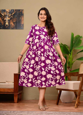 AnshulRajput Women Floral Print Flared Kurta(Purple)