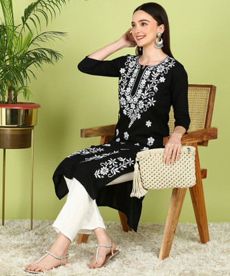 TOP N THREAD Women Self Design A-line Kurta(Black)