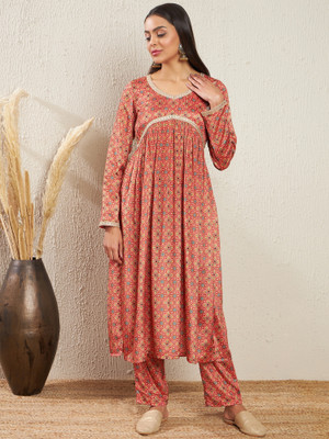 Adornia Women Geometric Print Anarkali Kurta(Red)