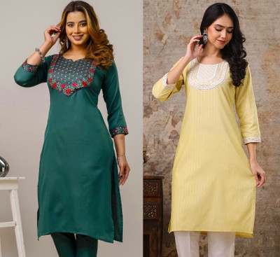 AuzaSho Collection Women Embroidered Straight Kurta(Yellow)