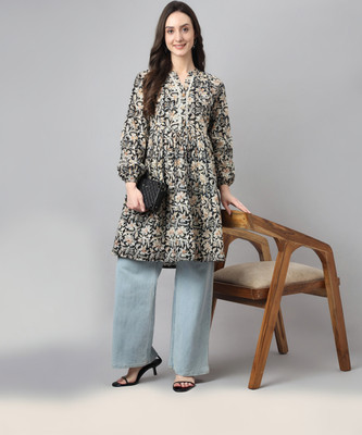 Janasya Women Floral Print Flared Kurta(Black)