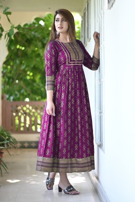 MintMarie Women Printed Anarkali Kurta(Purple)