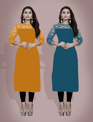 Maheshvi Women Self Design, Solid Straight Kurta(Yellow, Light Blue)