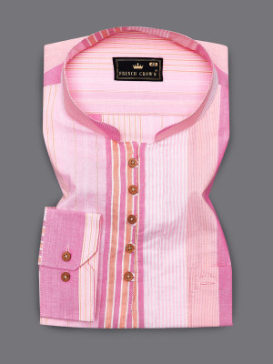 french crown Men Striped Flared Kurta(Pink, White, Yellow)