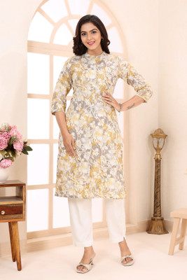 Keshubaba Women Printed Straight Kurta(Yellow)