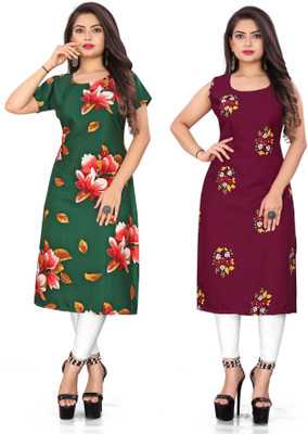 Hiral Creation Women Floral Print Straight Kurta(Green, Maroon)