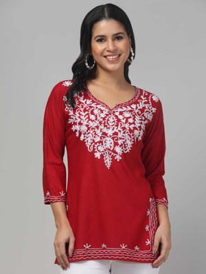 ARC Women Embroidered A-line Kurta(Red)