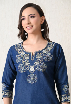 PR Clothing Women Embroidered Tunic Kurta(Dark Blue)