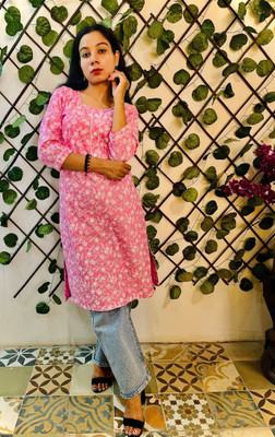 SIFRA Women Printed, Bandhani Straight Kurta(Pink)