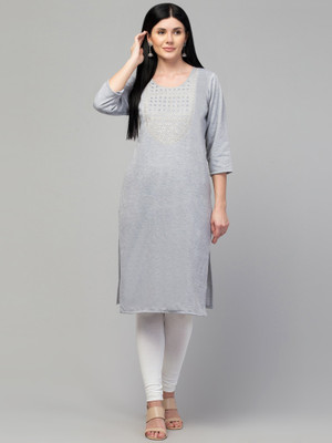 FamBee Women Embroidered Straight Kurta(Grey)