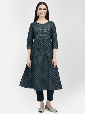 Span Women Self Design A-line Kurta(Blue)