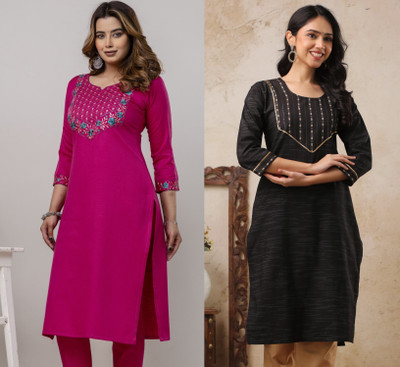 AuzaSho Collection Women Embroidered Straight Kurta(Black, Pink)