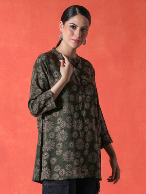 Sangria Women Printed A-line Kurta(Dark Green)