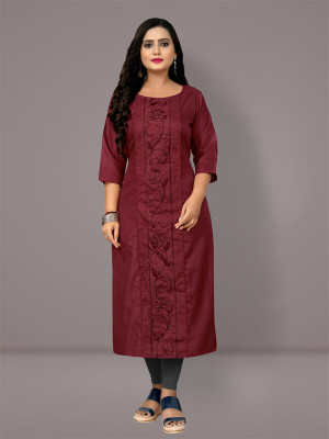 RIAANA Women Embroidered A-line Kurta(Maroon)