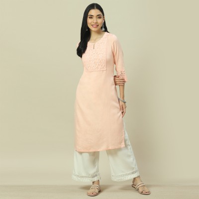 RANGRITI Women Embroidered Straight Kurta(Orange)