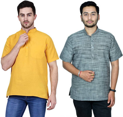 isdfabric Men Self Design Straight Kurta(Yellow, Grey)