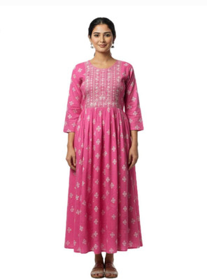 ALPINE STYLE Women Floral Print Anarkali Kurta(Pink)