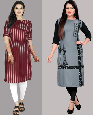 tanvi creation Women Printed Straight Kurta(Maroon, Pink)