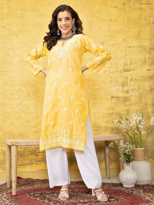 ADA Women Chikan Embroidery, Embroidered Straight Kurta(Yellow)