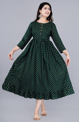 Tigion Women Printed Anarkali Kurta(Green)