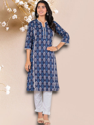 Jaipuur Trend Women Embroidered, Printed Straight Kurta(Dark Blue)