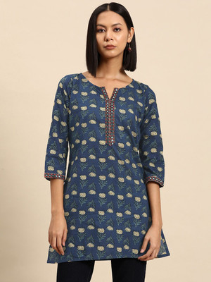 all about you Women Printed Straight Kurta(Blue)