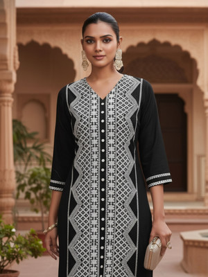 Youthnic Women Chikan Embroidery Straight Kurta(Black)