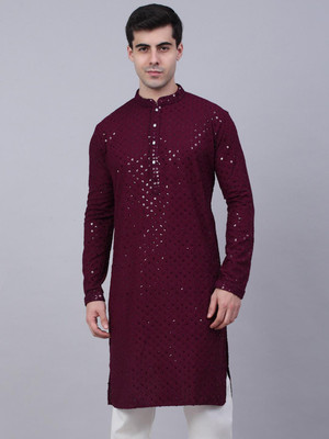 Triom Men Chikan Embroidery A-line Kurta(Purple)